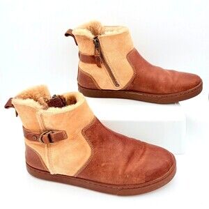 OluKai Pehuea Hulu Leather Shearling Boots in Brown Leather Tan Suede size 8